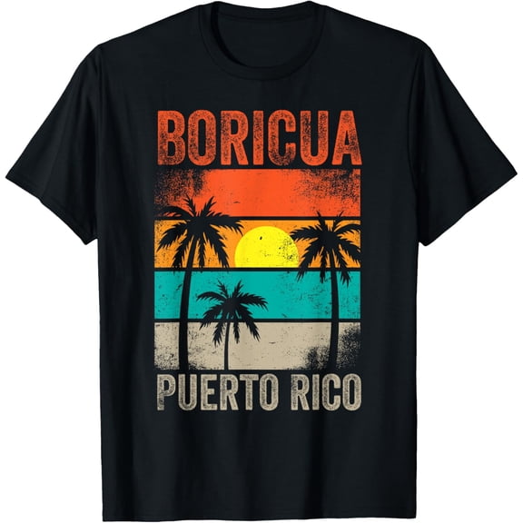 Puerto Rico Boricua Sunset Palm Trees Beach Graphic T-ShirtMen's and women's gift, black and white T-shirt, size: Extra large S-4XL