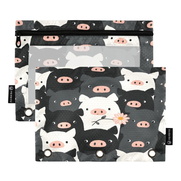 2 Pack 3 Ring Binder Pouch with Clear PVC Window Water Resistant Zipper Pencil Pouch Monochrome Piggy Crowd Binder Pocket for Classroom Office Home Stationery Organization