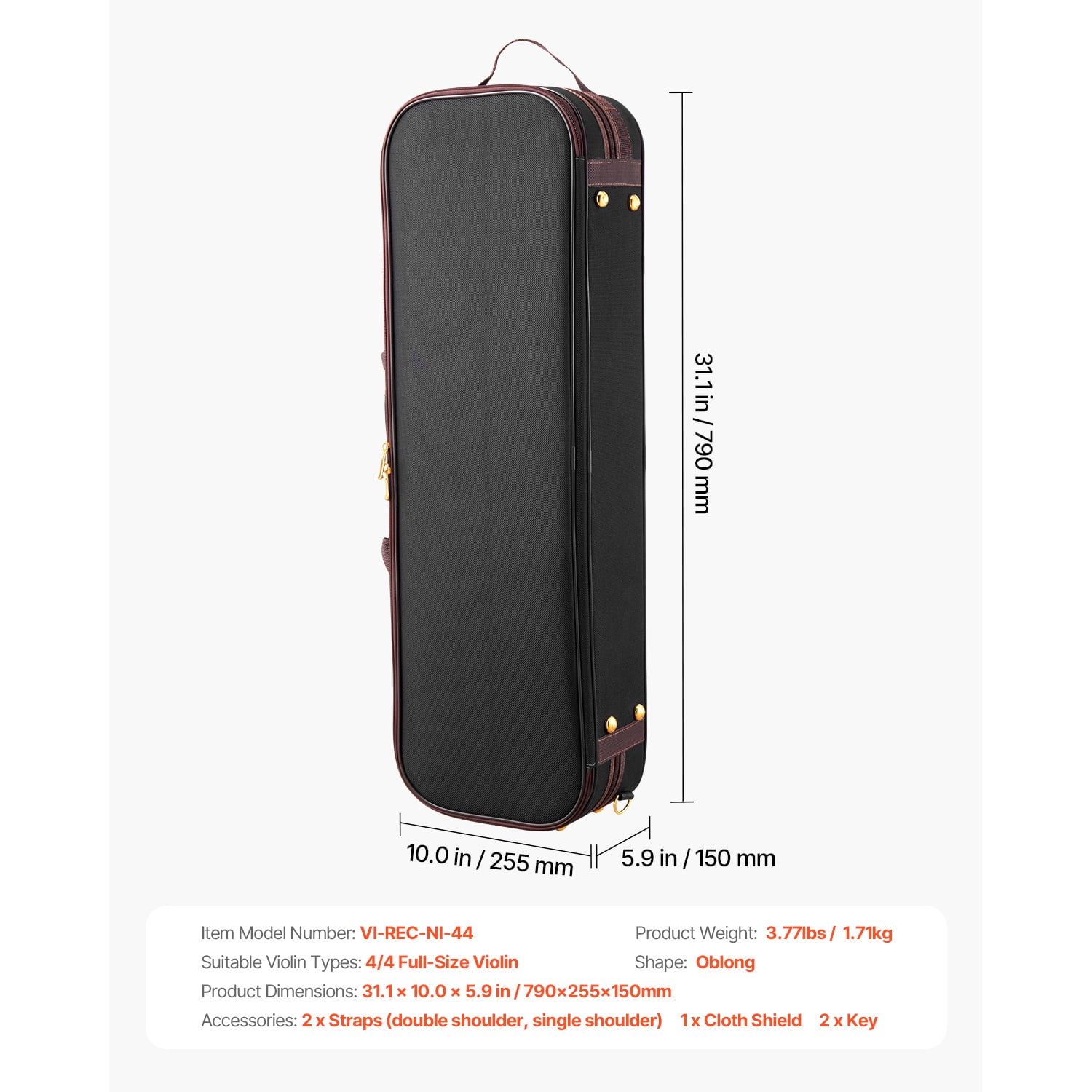 KFFKFF 4/4 Full Size Violin Case, Integrated Hygrometer, Lightweight Travel Carry Bag, Plush Interior, Shoulder Straps, Scratch-Resistant, Oblong Design, for Violin, Black