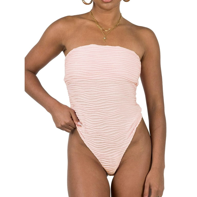 Women's Strapless Tube Bodysuit Top Sleeveless Ruch Textured High Slim Fit  Tube Tops Leotard Jumpsuit