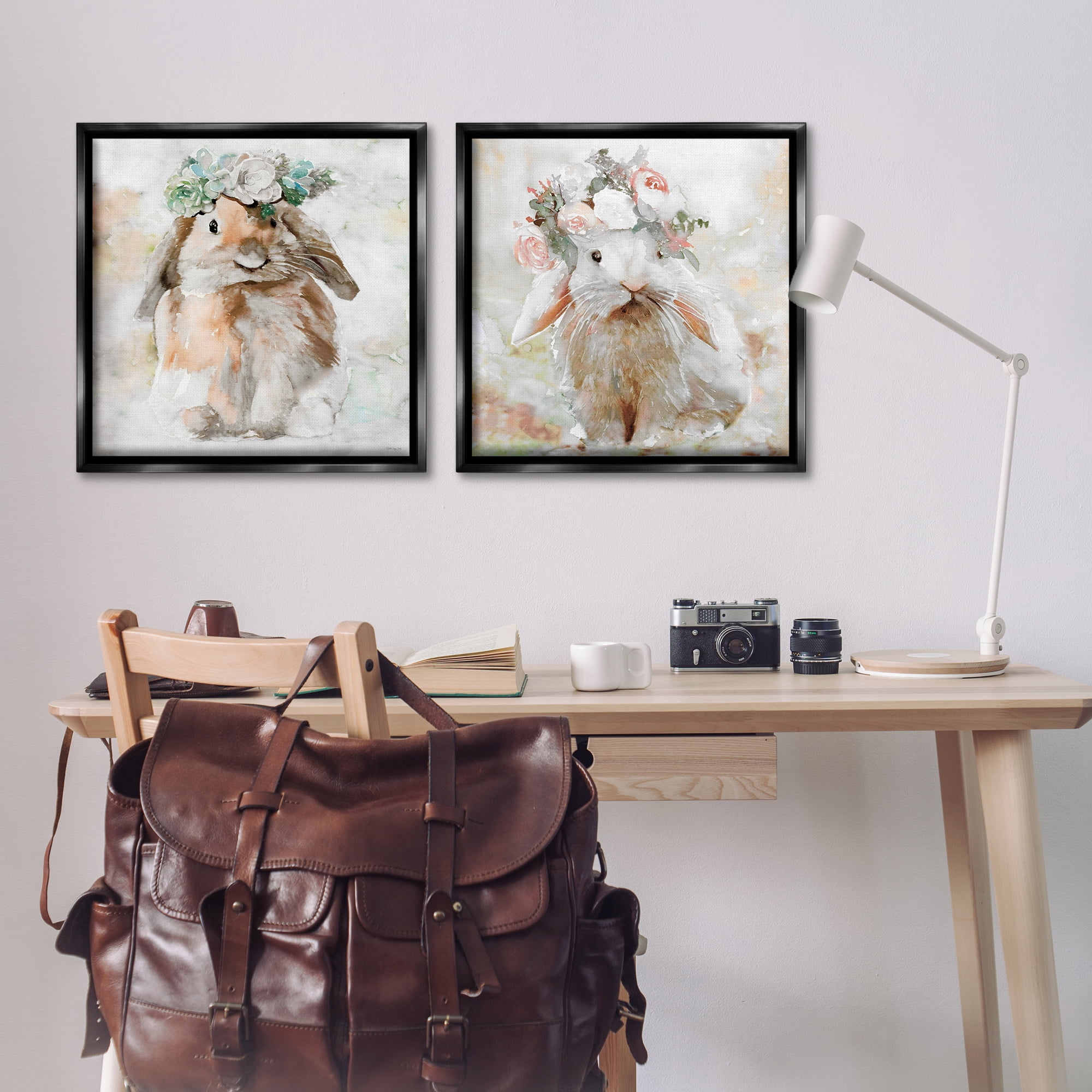 Stupell Industries Soft Spring Floral Bunnies Animals Painting Black Floater Framed Canvas Art Print Wall Art, 25 x 25, Set of 2