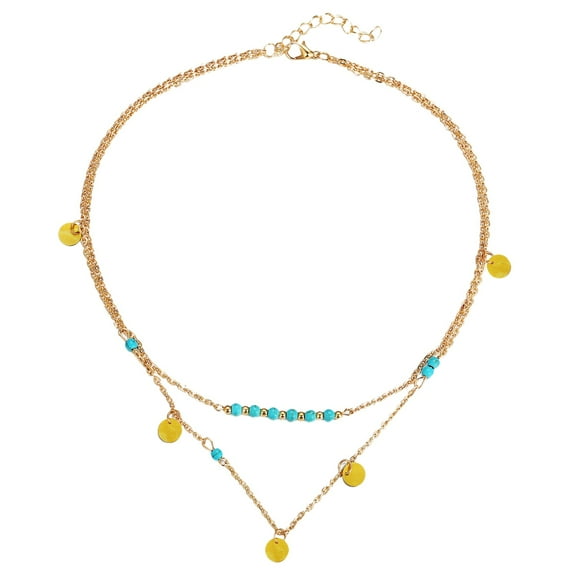 Riforla Boho Bead Silver Handmade Layered Pendant Necklace Sequin with Turquoise Necklaces Women for Girls Turquoise Double Necklace with Sequins Womens Jewelry Gold