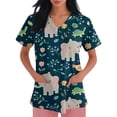 thumbnail image 3 of Kixjoy Scrub Tops Women Oversized Medical Animal Printed Scrubs V Neck Stretchy Short Sleeve Top Lightweight Casual Blouses for Women with Pockets, Dark Green L, 3 of 6