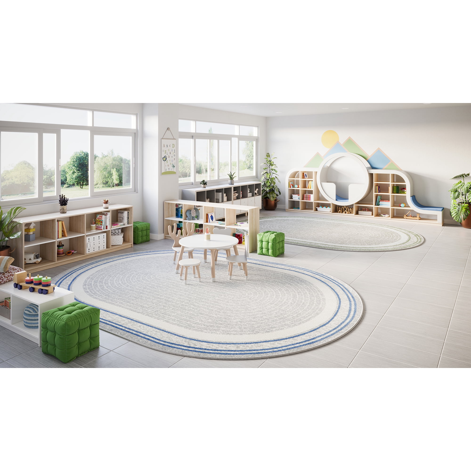 Joy Carpets Kid Essentials Cozy Corner 7'8" x 10'9" Oval Indoor Area Rug in Color Light Blue