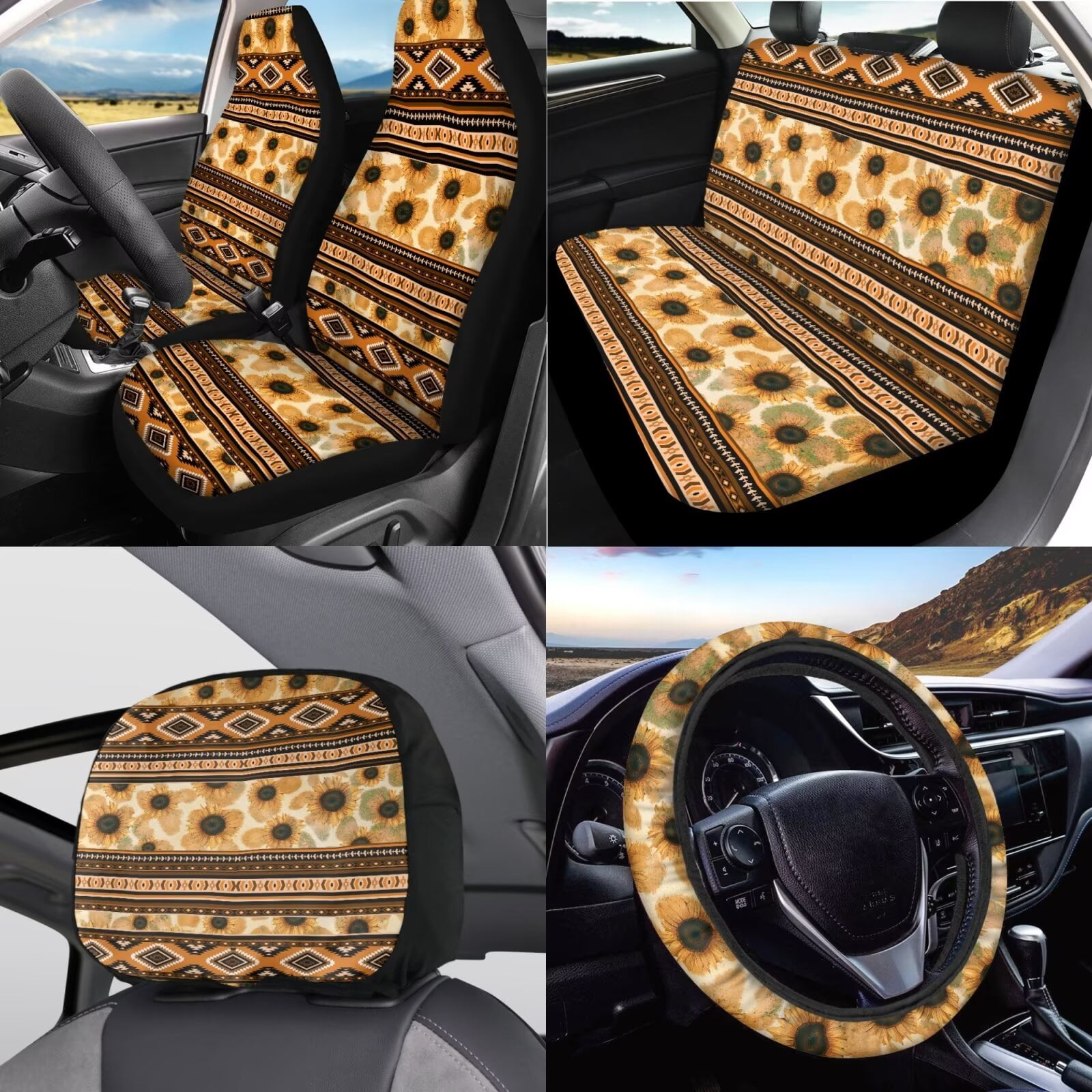 Garronmavis Aztec Sunflower Car Seat Covers Full Set for Interior Protection Decor Accessiores with Steering Wheel Wrap Gear Shift Cover Handbrake Sleeve Headrest Protectors Cup Coaster