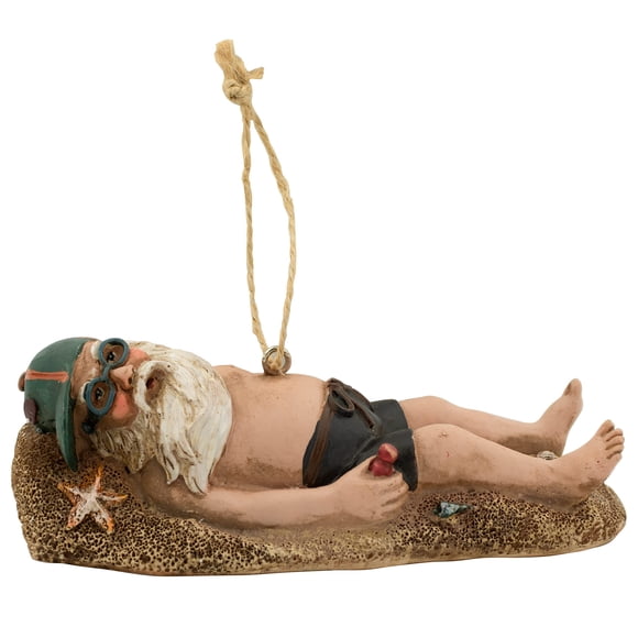 Beach Bum Santa Claus Ornament | Great Gift for Christmas in July or White Elephant | Funny Holiday Decor for Tree | St. Nick Relaxing in Swimsuit on Beach Sand