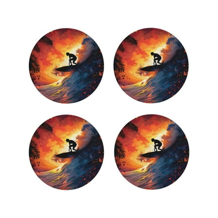 

Fuzoiu Sunset Surfing Silhouette Print Leather Coasters Set Drink Coasters Set of 4 for Tabletop Protection Durable PVC Coasters Home Décor and Housewarming Gift-Round Shape