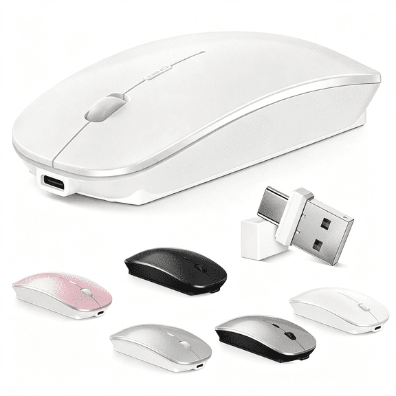 GJX Mouse for Macbook Wireless Bluetooth Mice Laptop Mac Pro Pc Ipad Dual Mode| Rechargeable Silent Slim Optical Computer 5.23.0 and 2.4Ghz Usb Type-C Receiver White