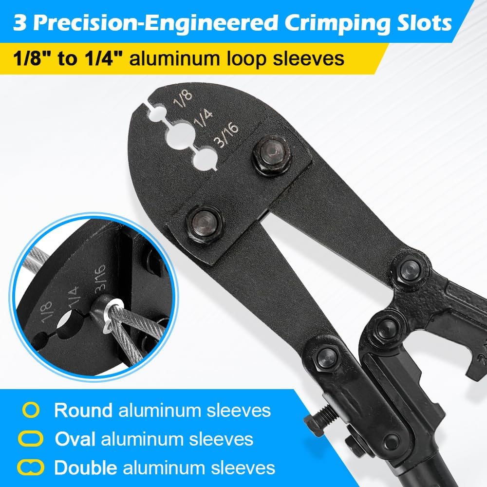 Wire Rope Crimping Tool, 25 Inch Heavy Duty Hand Swaging Tool with 40Pcs Aluminum Loop Sleeves, 3 Cavity Cable Crimping Tool for 1/8" to 1/4" Aluminum Oval Sleeves, Double Sleeves
