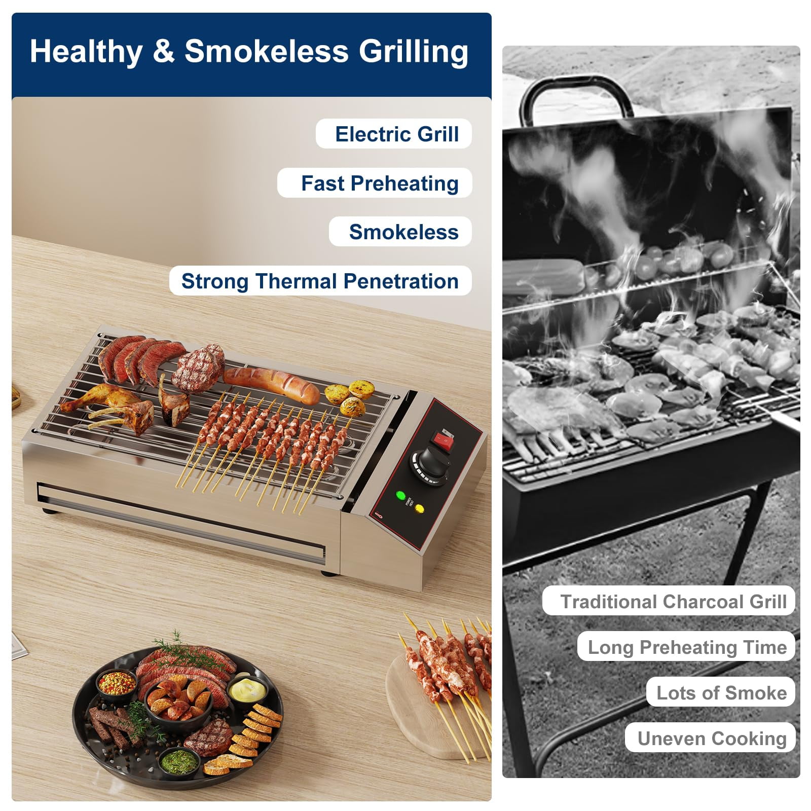 1800W Electric Indoor Grill - Portable Smokeless BBQ Countertop Grill with Removable Griddle, Stainless Steel for Home, Camping, Parties & Picnics