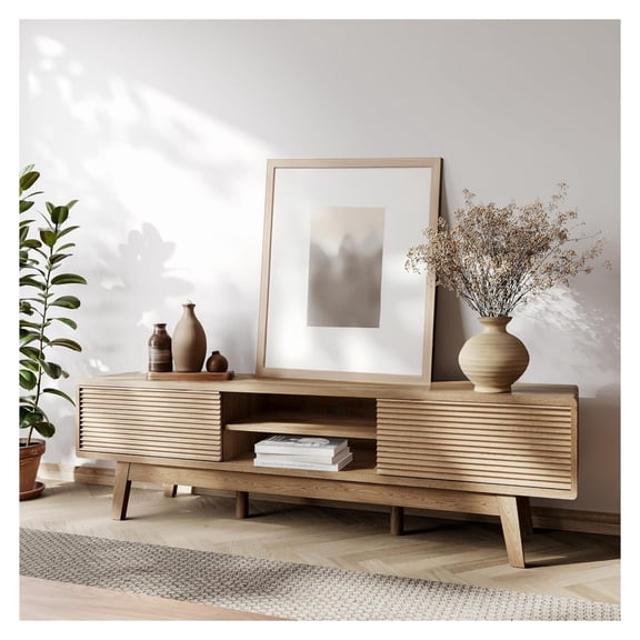 59" TV Console, Century Modern TV Stand for 55/60/65 Inch TV, Low Profile Media Console with Fluted Sliding Doors, Boho Wood Credenza for Living Room, Oak