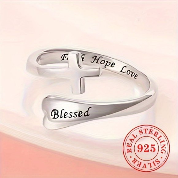 YOPTOP 1pc Exquisite 925 Sterling Silver Cross Ring - Adjustable Open Band  Engraved ”Blessed Faith Hope Love” Message  Vintage Elegant Style  Hypoallergenic  Nickel-Free  Durable  Perfec,Silver