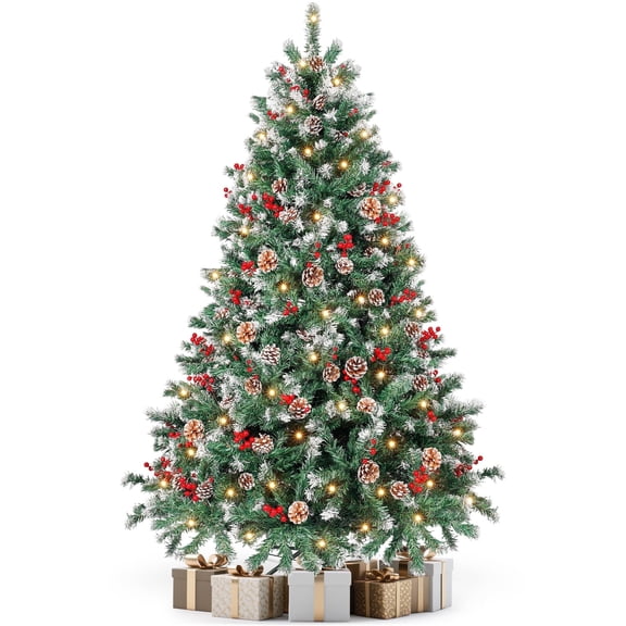 Aufeile 6ft Pre-Lit Christmas Tree, Hinged Xmas Tree, 800 Tips, 250 Warm LED Lights, 54 Pine Cones & Berries, Indoor Outdoor Decor