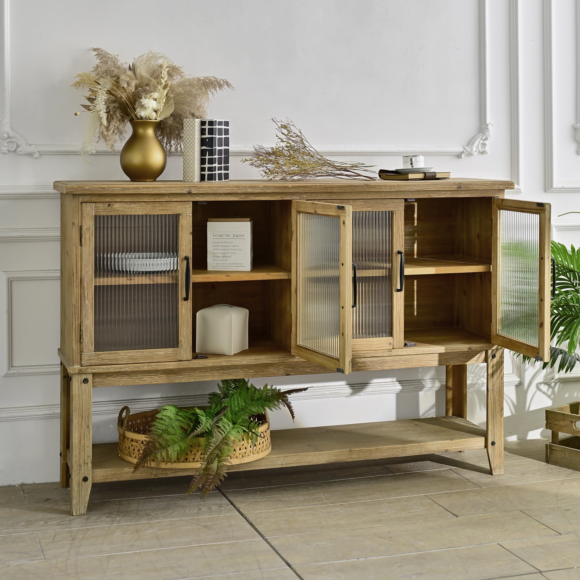 Leumius 59.06" Rectangle Sideboard with Storage Shelf, Accent Glass Door Wooden Rustic Cabinet for Kitchen, Dining Room, Living Room Natural