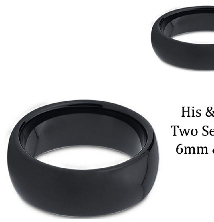 His & Her's 8MM/6MM Black Polished Shiny Domed Tungsten Carbide Wedding Band Ring Set