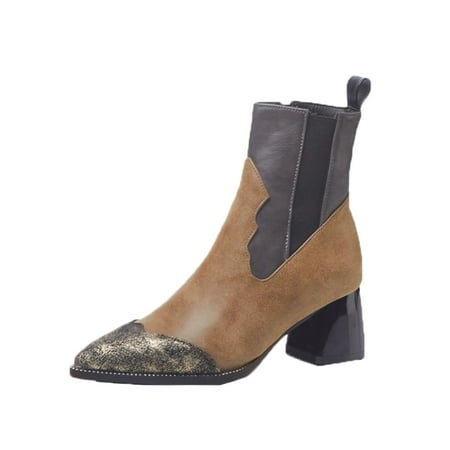 

Fall Savings Clearance Deals 2022! Juebong Women s Winter Warm Leather Patchwork Vintage Thick Mid Heel Zipper Rider Ankle Boots