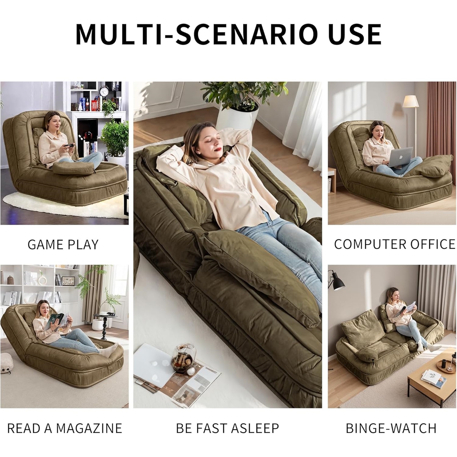 LEHZROAJ Velvet Upholstered Bean Bag Chairs,5-Position Adjustable 2 Soft Pillows Massage Floor Sofa,Multi-Functional  Human Dog Bed for Living Room(Green)