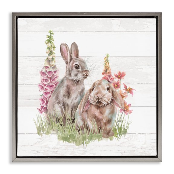 Stupell Industries French Country Rabbits & Country Florals Gray Floating Frame Canvas Art, 18 x 18, by Courtney Morgenstern