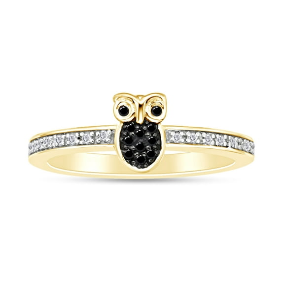 1/10 Carat CTTW Round Cut Black And White Natural Diamond Owl Ring In 14K Yellow Gold Over Sterling Silver (0.10 Cttw, I2-I3 Clarity)