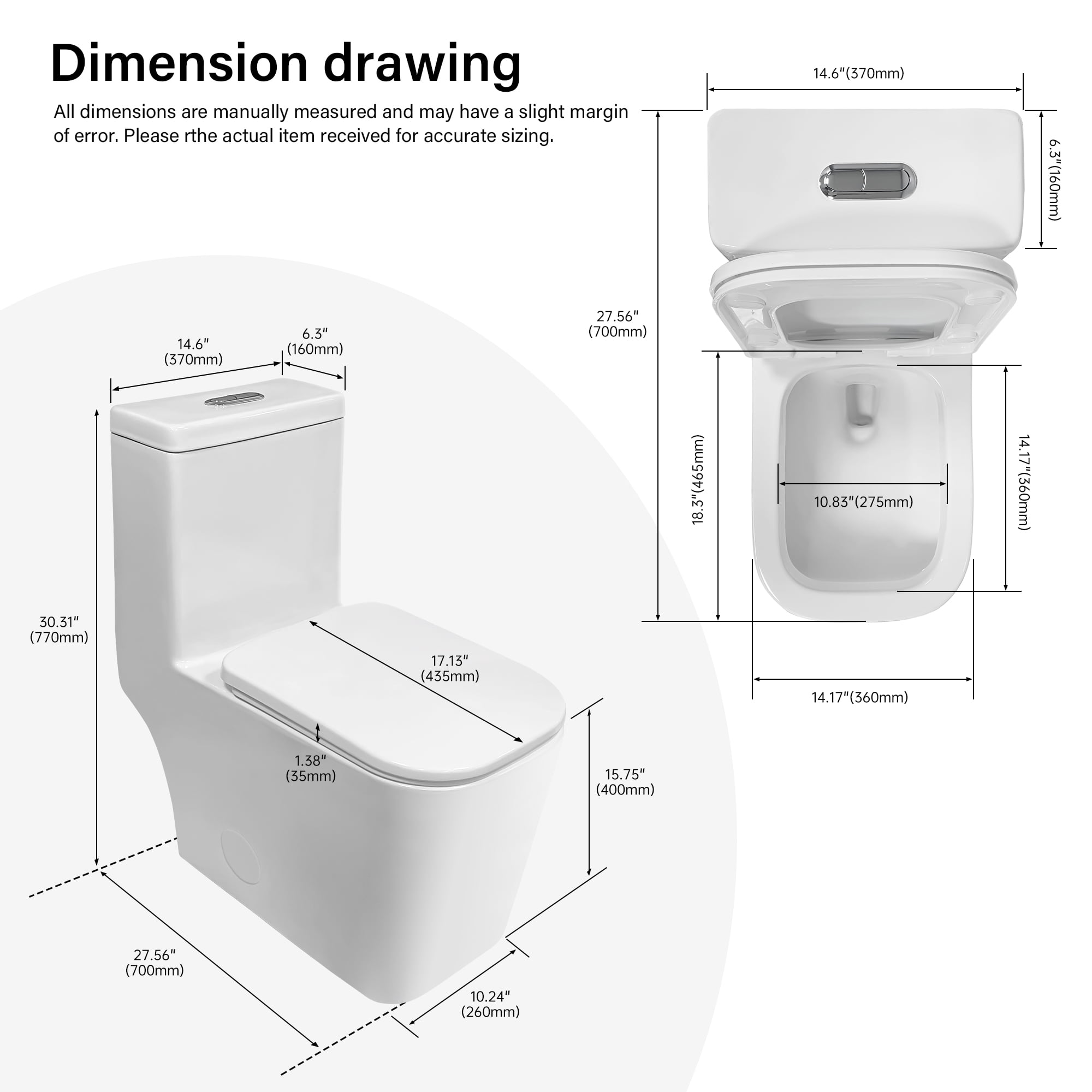 Alvantor Dual-Flush One-Piece Toilet 15.7"Height Square Bowl 1.28/1.6 GPF Toilet White