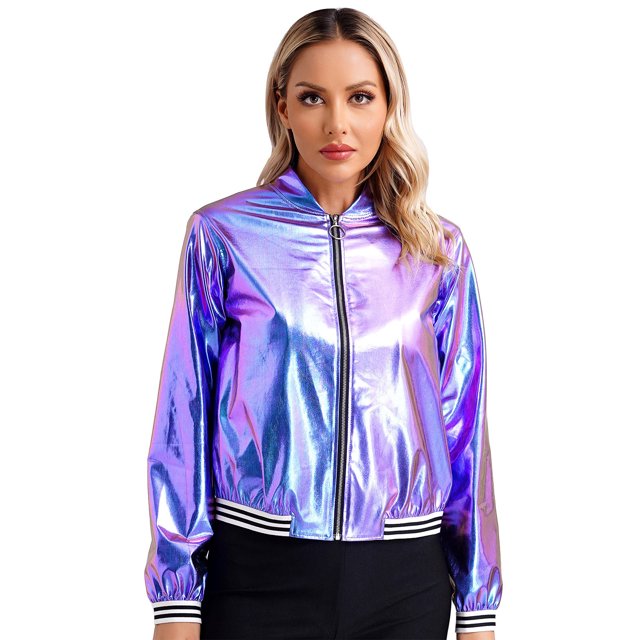 Alvivi Veste Bomber à Fermeture Éclair Holographique pour Femmes à Manches Longues avec Col de Baseball Bleu m
