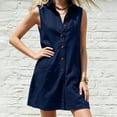 thumbnail image 6 of Women's Sleeveless Solid Color Cotton Linen Blend Shirt Dress Collared Button Down Casual Dress with Pockets Navy S(S), 6 of 7