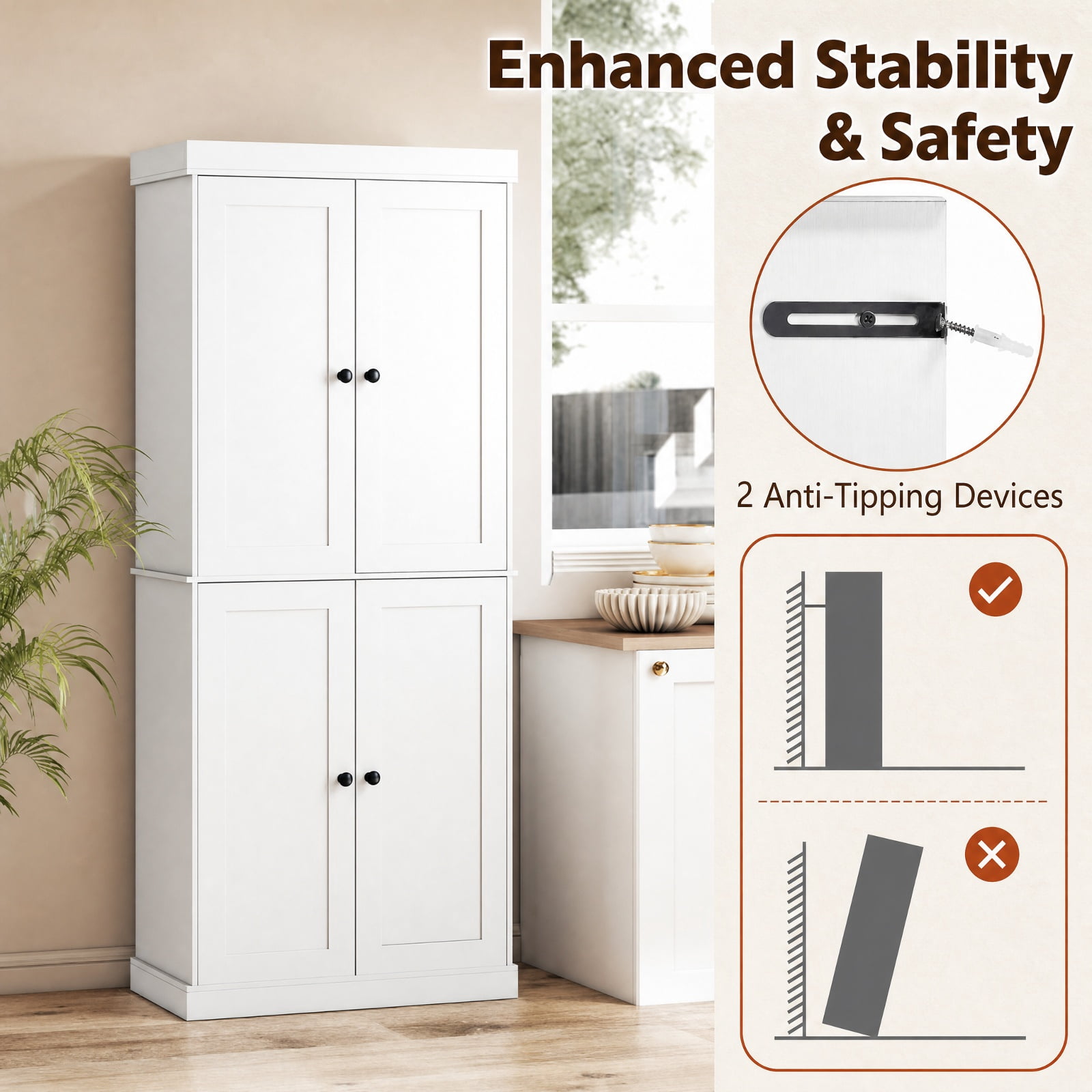 Furnibear 72.5 Inch Tall Kitchen Pantry Cabinet with 2 Adjustable Shelves Enclosed Doors and Anti Tipping Kits for Kitchen and Dining Room, White