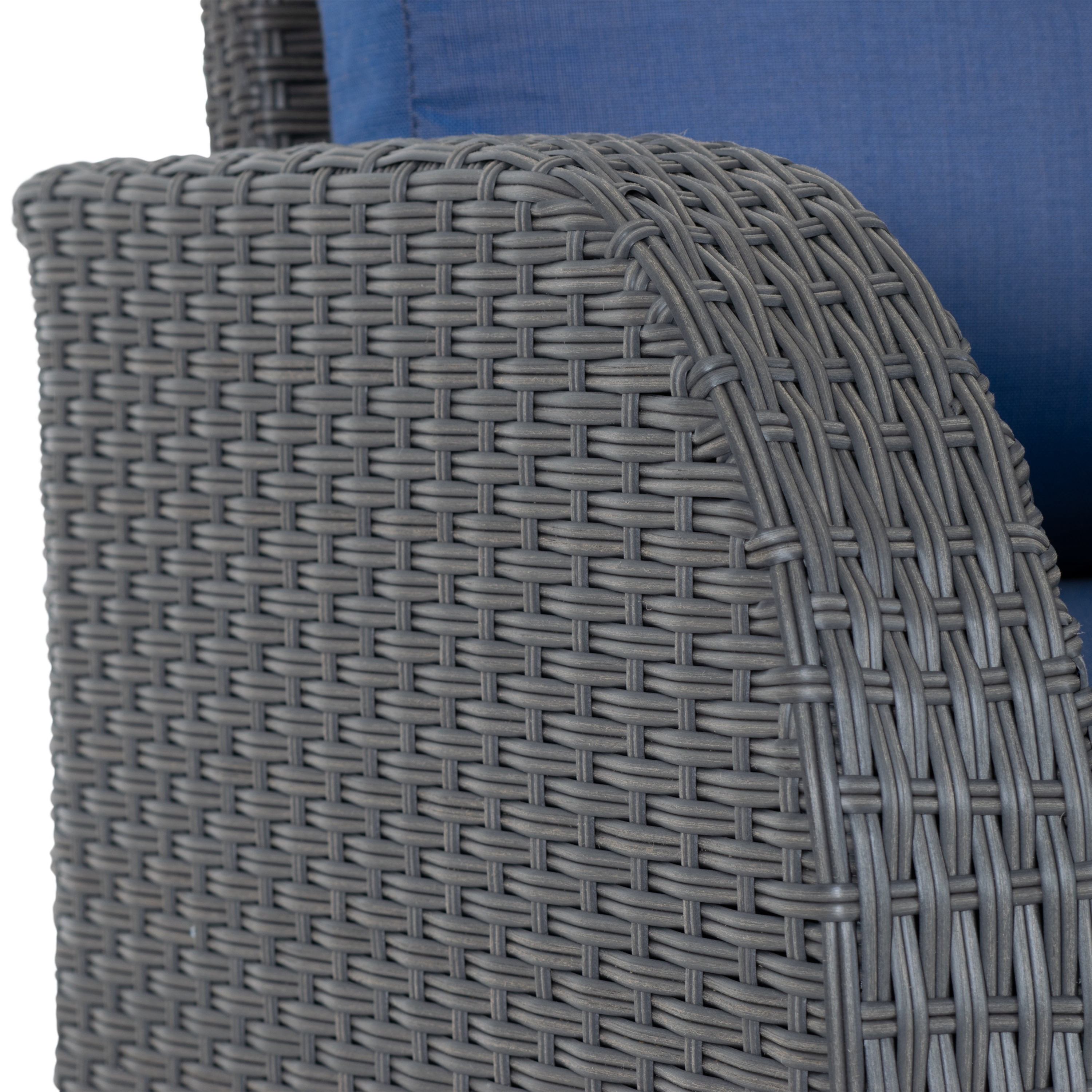 CorLiving Brisbane Rust-Resistant Resin Wicker and Steel Left Arm Outdoor Patio Sectional Piece with Cushions, Charcoal Grey/Navy Blue