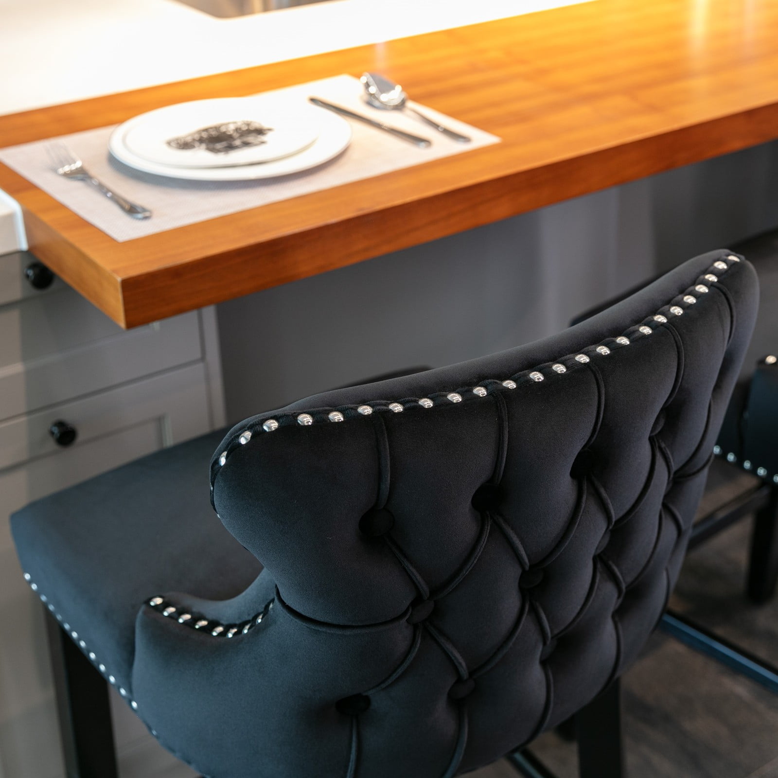 Velvet Counter Height Upholstered Barstools, Bar Stools Seat Height 27", Counter Height Armless Bar Chairs Button Tufted with Solid Wood Legs and Footrest for Kitchen Island Bar Area (Set of 6)