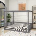 thumbnail image 2 of Full Size Canopy Frame Rubber Wood Floor Bed with Fence,Guardrails,Grey, 2 of 10