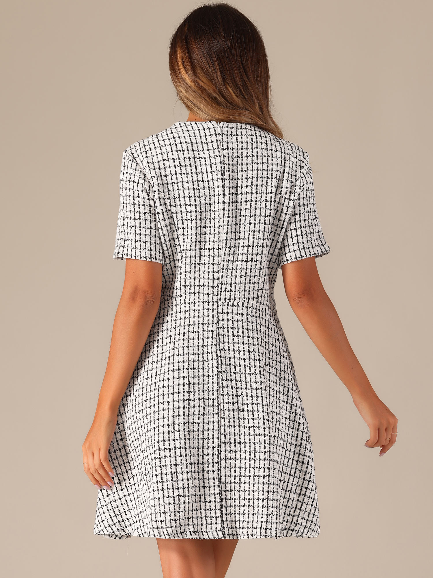 DARING DIVA Elegant Short Sleeve A-line Plaid Tweed Dress L Apricot