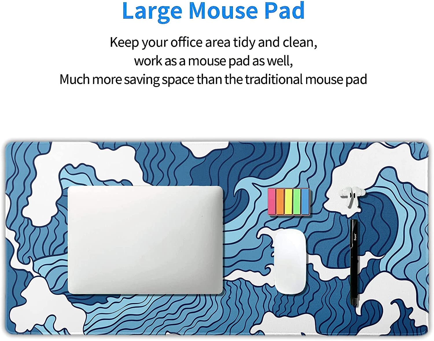 Japanese Blue and White Wave Gaming Mouse Pad XXL Anime Sea Texture Extended Large Desk Mat Big Mousepad Non-Slip Rubber Base Stitched Edge Long Mousepad for Desktop PC Computer Gamer, 35.4 x 15.7 in