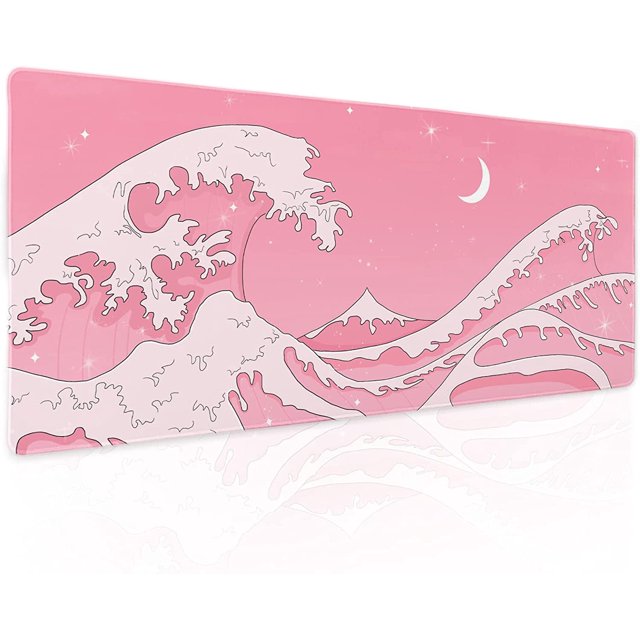 Pink Japanese Anime Gaming Mouse Pad XL Cute Kawaii Aesthetic Wave Extended Big Large Desk Mat Non-Slip Rubber Base Stitched Edge Long Keyboard Mousepad for PC Computer Laptop,31.5×11.8 in