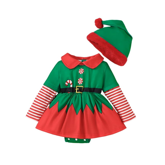 SUNSIOM Déguisement d'Elf pour Bébé Fille Tenue pour Nourrisson à Manches Longues Col Claudine Barboteuse Robe avec Chapeau Ensemble de Noël 2 Pcs