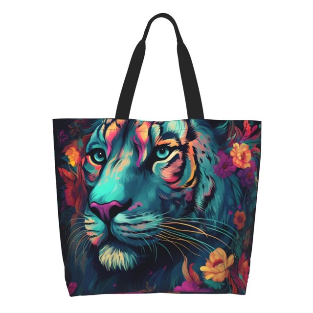 Balery Colorful Flower Tiger Bolsa Tote Estilo Estético con Cremalleras, Bolsa de Hombro, Bolsa de Compras Grande y Plegable