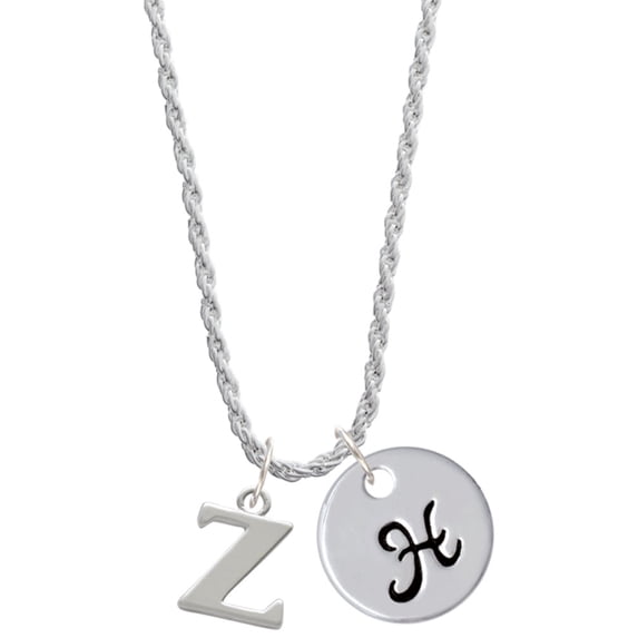 Delight Jewelry Silvertone Large Initial - Z - Silvertone Script Initial Disc - H - Charm Necklace, 20"+3"