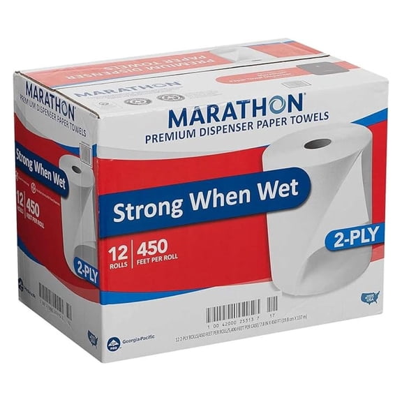 Marathon Dispenser Roll Towels, 12 Count, Non-Perforated, 2-Ply White Paper Towels