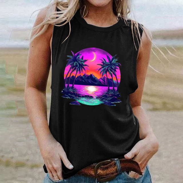 lSLJS Blouse Sans Manches Imprimée Mode Décontractée pour Femmes, Col Rond, Pull-Over Slim, Débardeurs pour Femmes