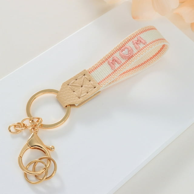 Short Fabric Embroidered Keychain for Mother's Day, Handmade Crochet Design with Leather Details, Measuring 15.5x3x1cm, Ideal as Key Accessory or Gift