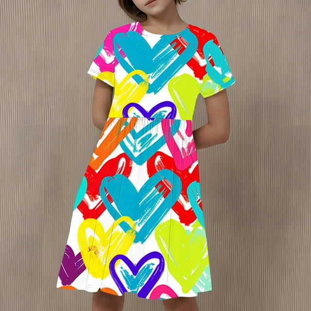 LOVZFMLL 3-12 Years Kid's Fashion Printed Dreamy Short Sleeved Round Neck Dress