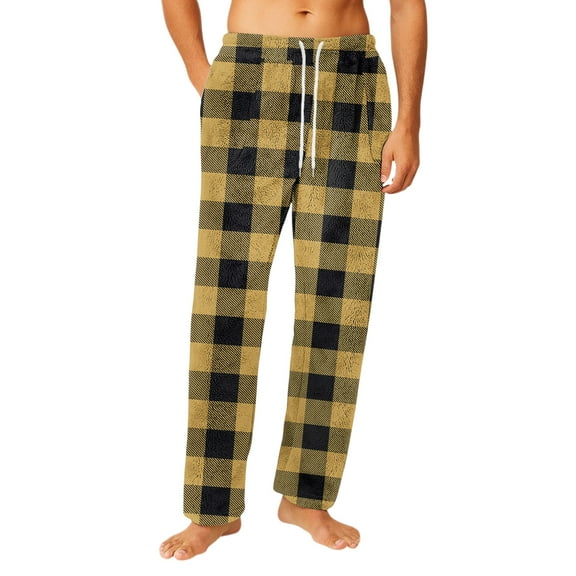 Fabrcox Plaid Flannel Pajamas Bottoms for Men M-Xxl Xxxl Wide Leg Pj Bottoms with Pockets Winter Warm Casual Drawstring Baggy Bottoms Pants Yellow 2XL