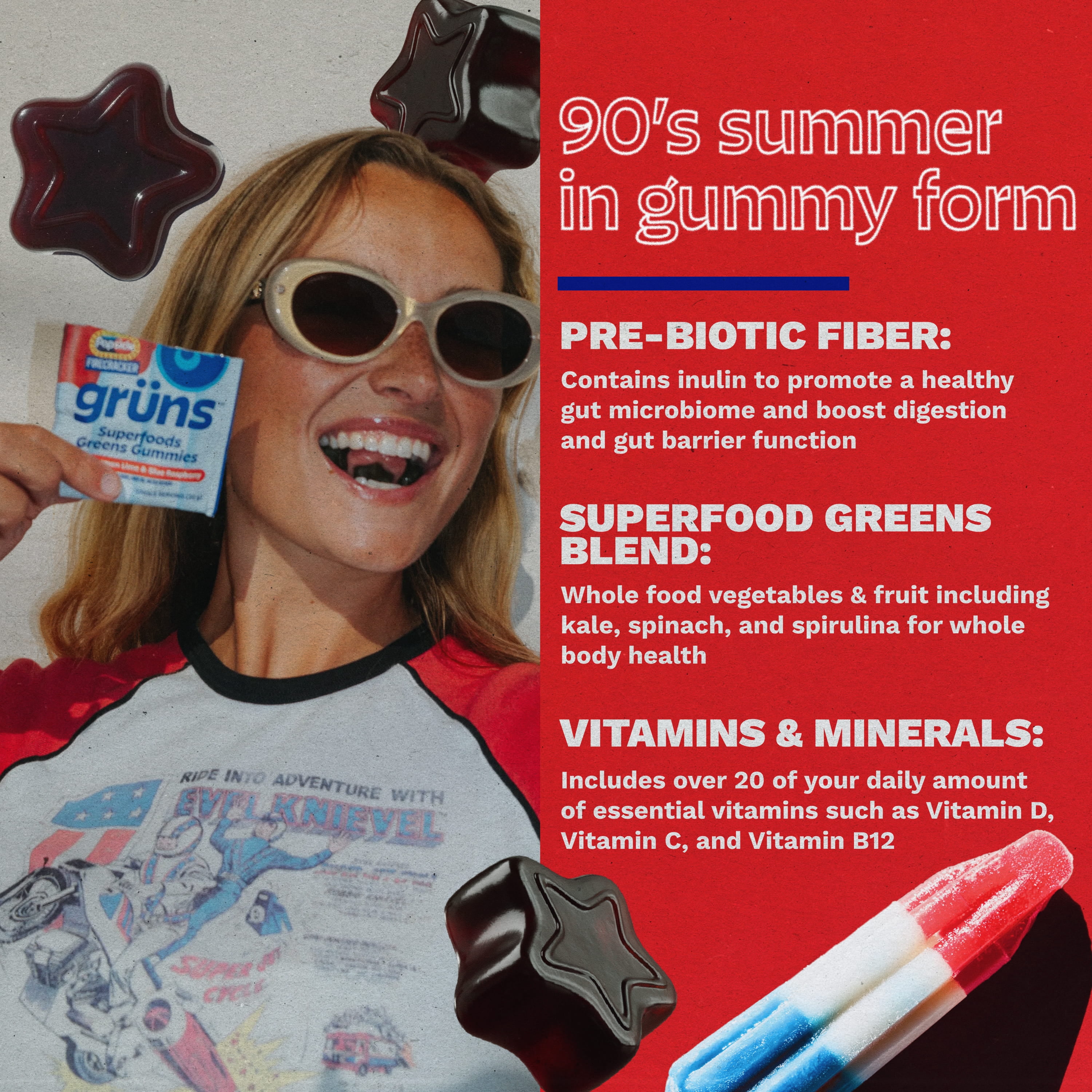 Gruns Firecracker Popsicle Sugar Free Superfoods Greens Gummies - 12 Servings