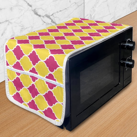 Abstract Microwave Oven Cover, Colorful Modern Patterns with Geometrical Shapes Design Bicolour Art Print, Water Resistant Organizer with Pockets for Kitchen, 36" x 12", Yellow Hot Pink, by Ambesonne