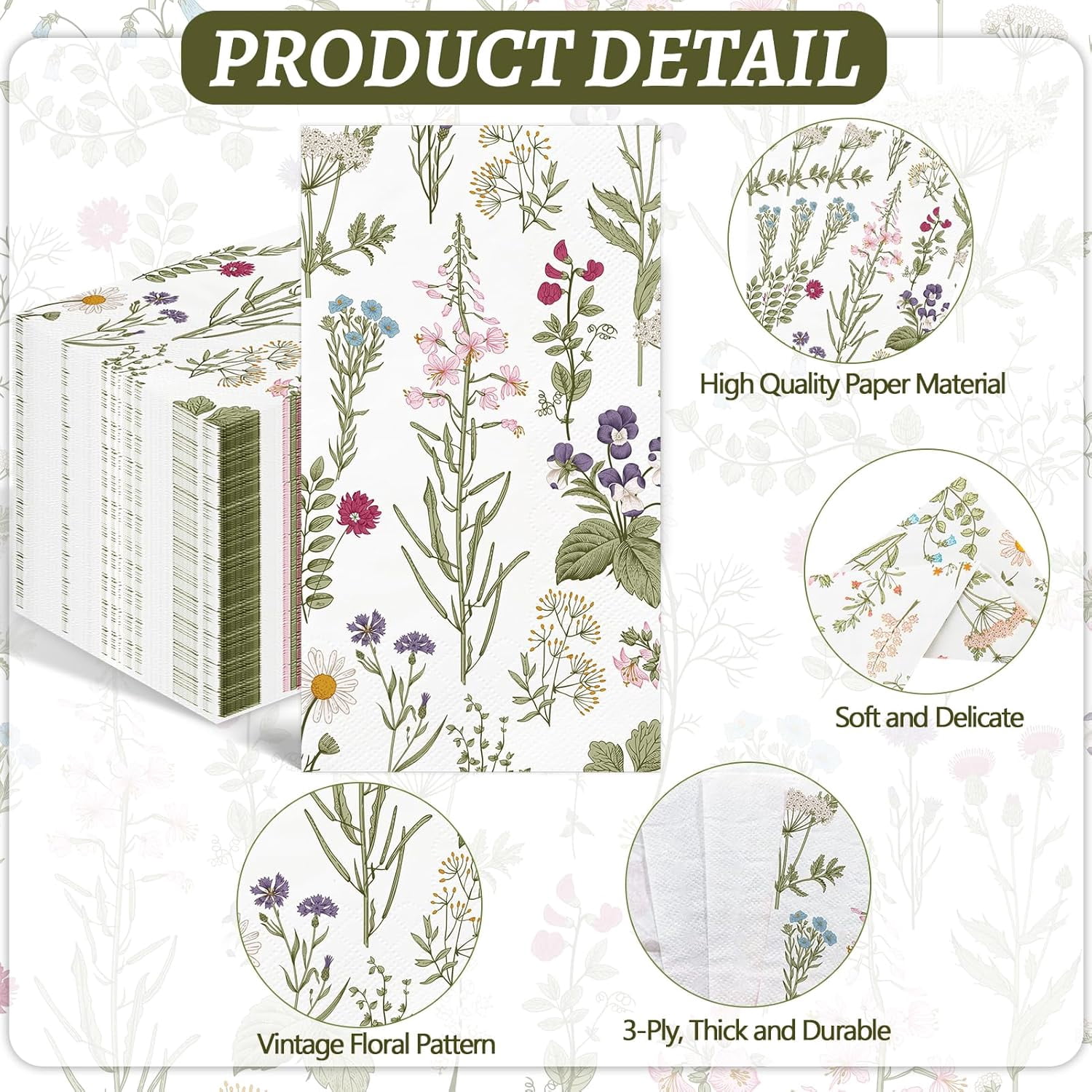 100PCS Floral Paper Napkins 3 Ply Disposable Hand Towels for Bathroom Vintage Wildflower Guest Napkins Green Wild Flower Dinner Napkins for Wedding Bridal Baby Shower Birthday Spring Summer Party