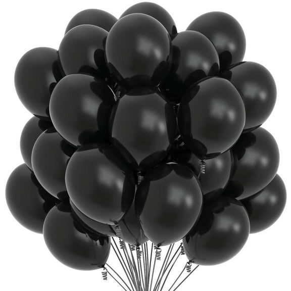 Prextex 75 Black Party Balloons 12 Inch Black Balloons with Matching Color Ribbon for Black Theme Party Decoration, Weddings, Baby Shower, Birthday Parties Supplies or Arch Décor - Helium Quality