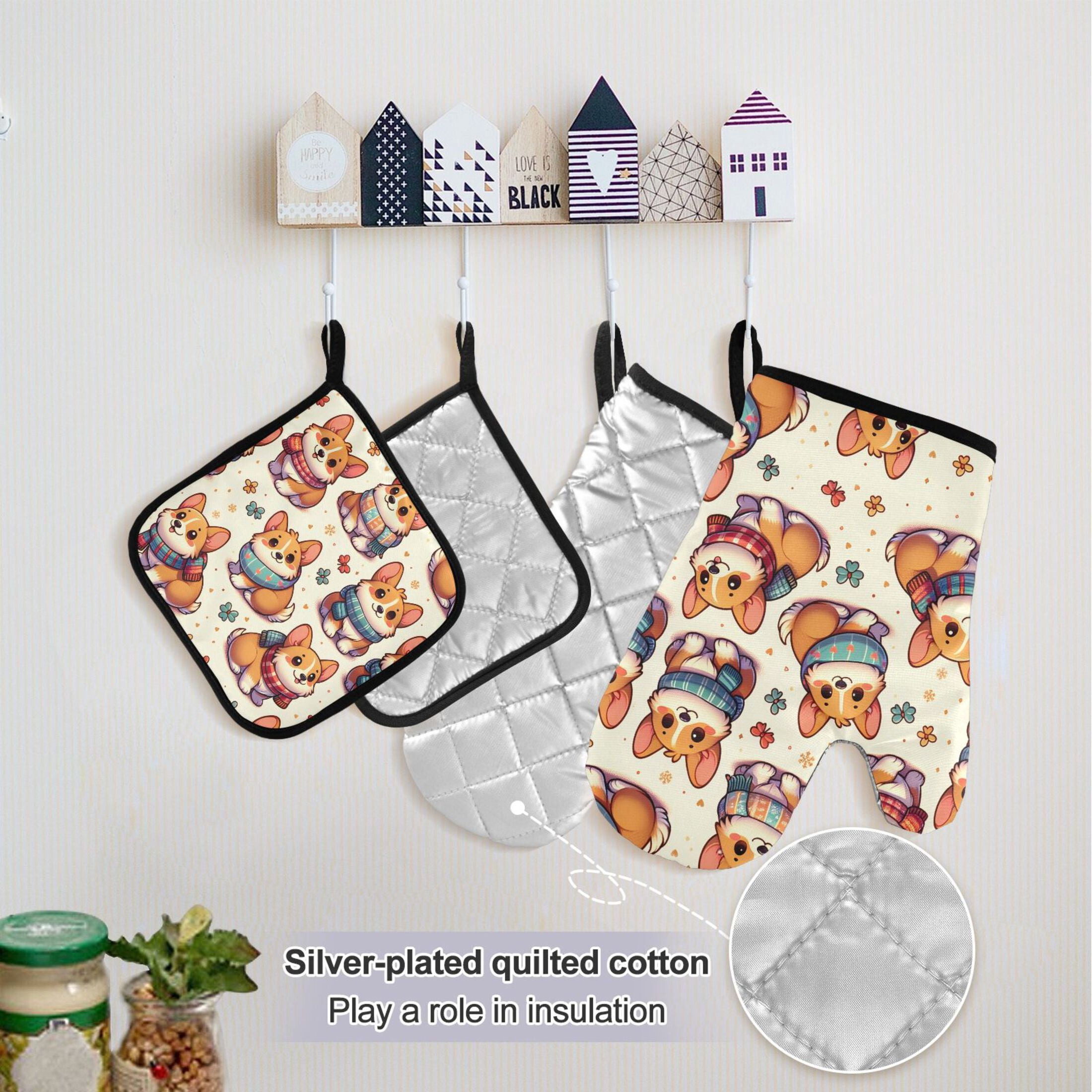 Corgi Dog Wearing Scarves 5 Pcs Kitchen Set Heat Resistant Oven Mitts and Non-Slip Pot Holders with Adjustable Cooking Apron