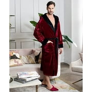Lotus Linen Plush Hooded Robe for Men - Soft Fleece Bathrobe, Burgundy Black M/L