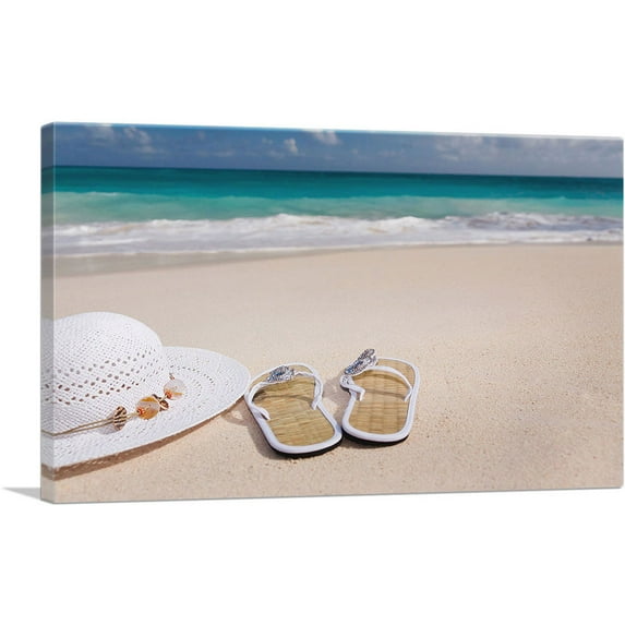 ARTCANVAS Hat and Slippers on Sea Summer Beach Canvas Art Print - Size: 26" x 18" (1.50" Deep)