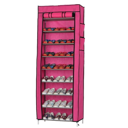 10 Layer Shoes Cabinet, Storage Organizer Rack Dustproof Save Space with Cover（Rose Red）