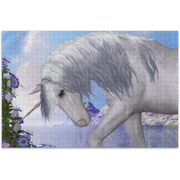 FREEAMG Unicorn and Blue Bell Flowers 500 Piece Jigsaw Puzzle, Wall Artwork Puzzle Games for Adults Teens 20.5" L X 14.9" W